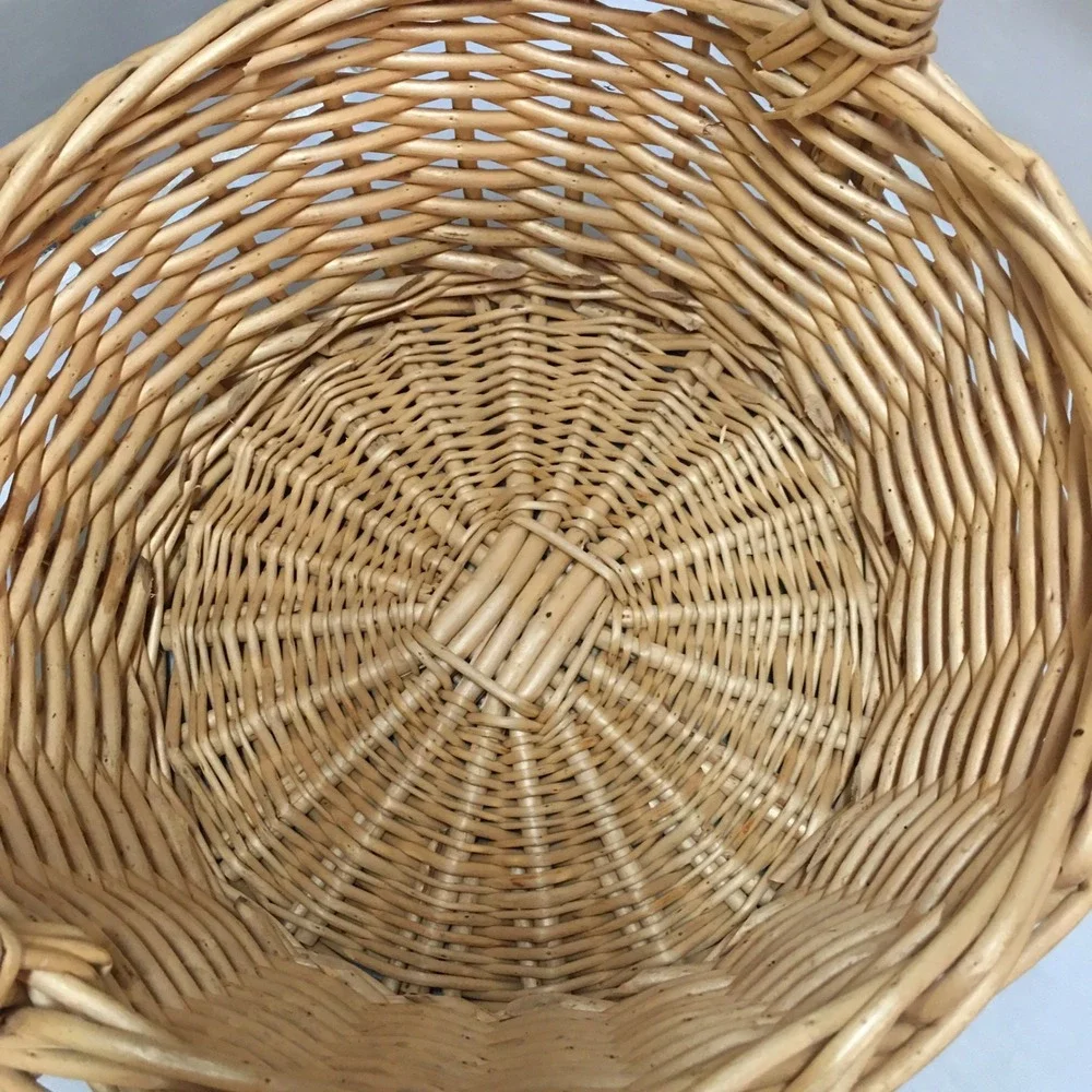 Wicker Round Basket Unisex Medium Tan Woven Willow with Handle Cottagecore